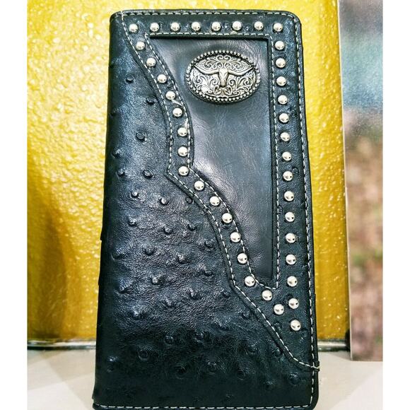 Longhorn concho Western mens wallet Bifold black, check book, credit card holder